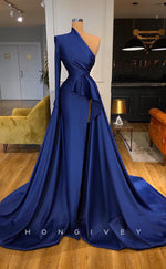 L1165 - Couture One Shoulder Ruched With Train And Slit Party Prom Evening Formal Dress