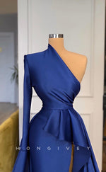 L1165 - Couture One Shoulder Ruched With Train And Slit Party Prom Evening Formal Dress