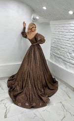 L1170 - Sparkly Long Sleeves Belt Illusion With Train Party Prom Evening Formal Dress