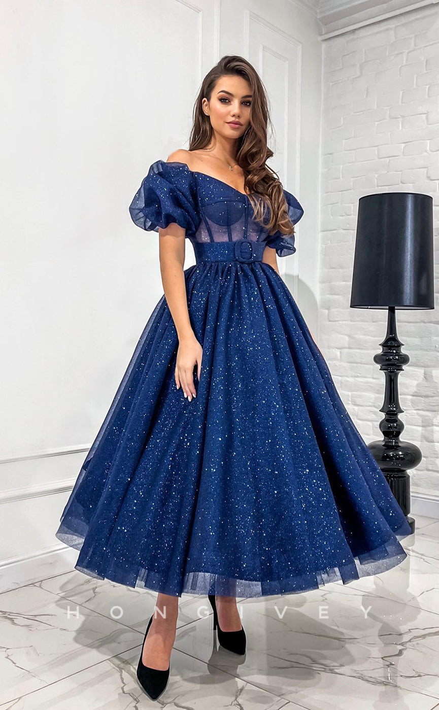 L1171 - Sparkly Puff Sleeves Belt Illusion Princess Party Prom Evening Formal Dress