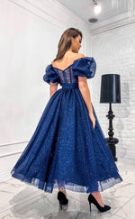 L1171 - Sparkly Puff Sleeves Belt Illusion Princess Party Prom Evening Formal Dress