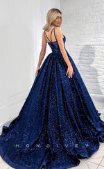 L1172 - Glitter Lace-Up Belt Illusion With Train Princess Party Prom Evening Formal Dress