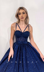 L1172 - Glitter Lace-Up Belt Illusion With Train Princess Party Prom Evening Formal Dress