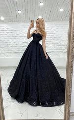 L1172 - Glitter Lace-Up Belt Illusion With Train Princess Party Prom Evening Formal Dress