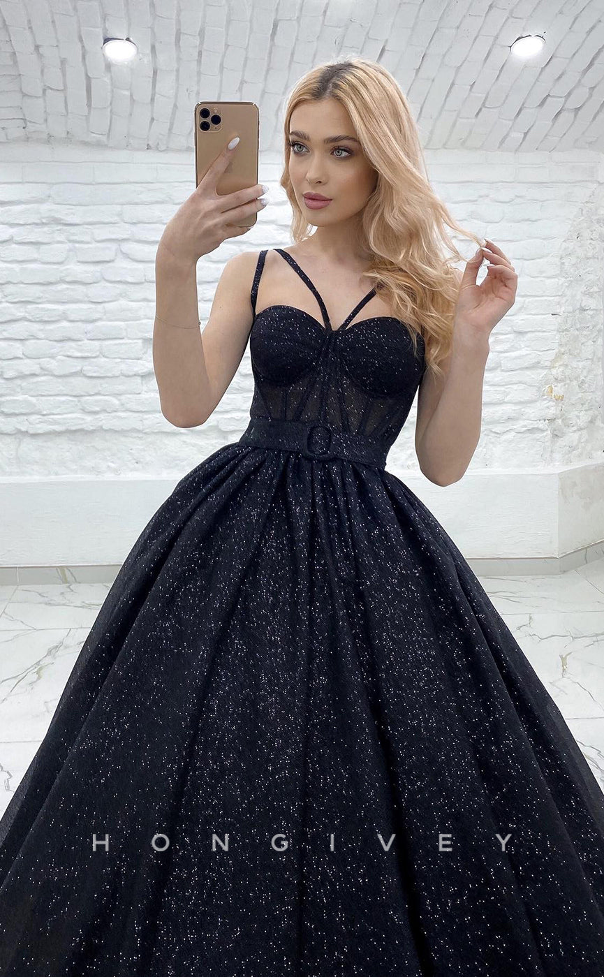 L1172 - Glitter Lace-Up Belt Illusion With Train Princess Party Prom Evening Formal Dress