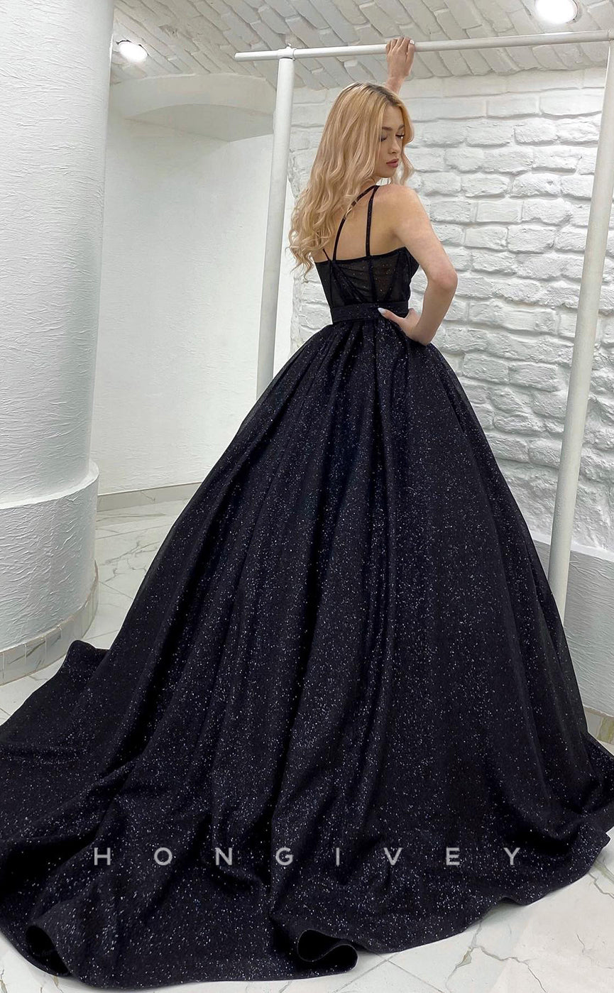 L1172 - Glitter Lace-Up Belt Illusion With Train Princess Party Prom Evening Formal Dress