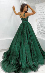 L1172 - Glitter Lace-Up Belt Illusion With Train Princess Party Prom Evening Formal Dress