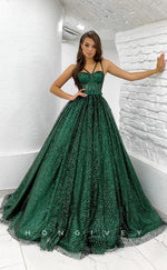 L1172 - Glitter Lace-Up Belt Illusion With Train Princess Party Prom Evening Formal Dress