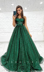 L1172 - Glitter Lace-Up Belt Illusion With Train Princess Party Prom Evening Formal Dress