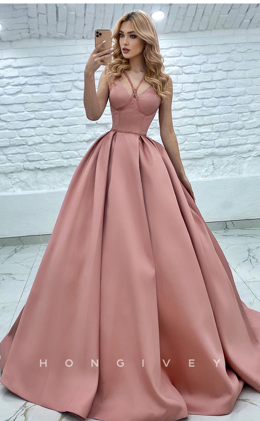 L1173 - Sweet Lace-Up Ruched With Train Princess Evening Formal Party Prom Dress