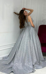 L1174 - Sparkly Illusion Ruched With Train Princess Formal Party Prom Evening Dress