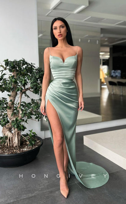 L1177 - Simple Ruched With Train And Slit Party Prom Formal Evening Dress
