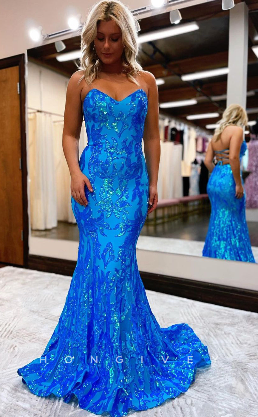 L1180 - Sparkly Floral Appliqued Lace-Up Back With Train Formal Evening Party Prom Dress