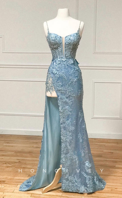 L1182 - Fully Sequined Lace Embroidered Plunging Illusion With Train And Slit Evening Party Prom Formal Dress
