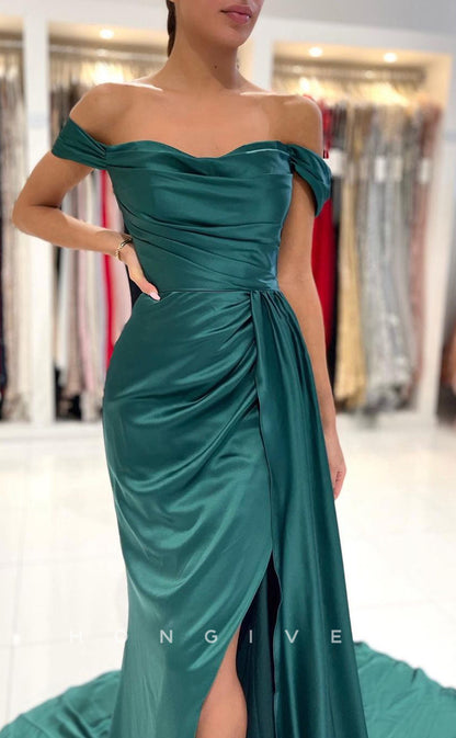 L1183 - Simple Ruched With Train And Slit Evening Formal Party Prom Dress