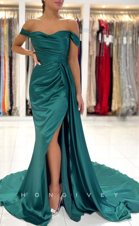 L1183 - Simple Ruched With Train And Slit Evening Formal Party Prom Dress