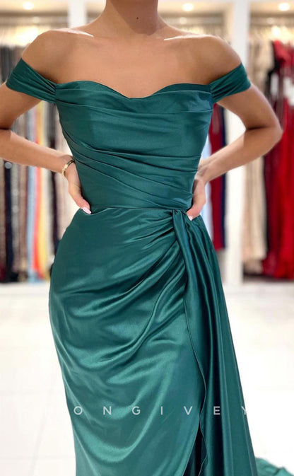 L1183 - Simple Ruched With Train And Slit Evening Formal Party Prom Dress