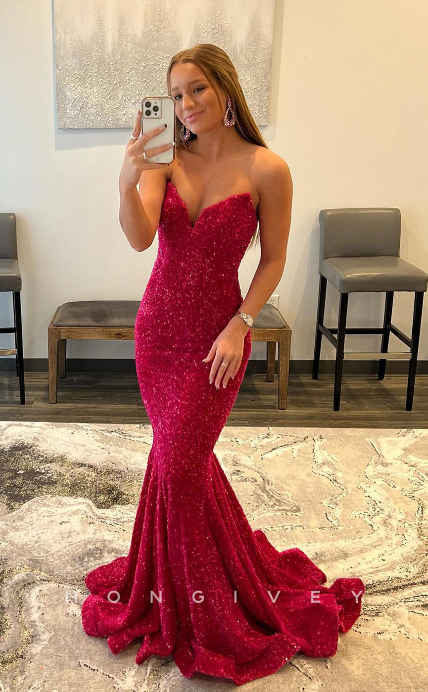 L1184 - Strapless Fully Sequined Mermaid With Train Evening Formal Party Prom Dress