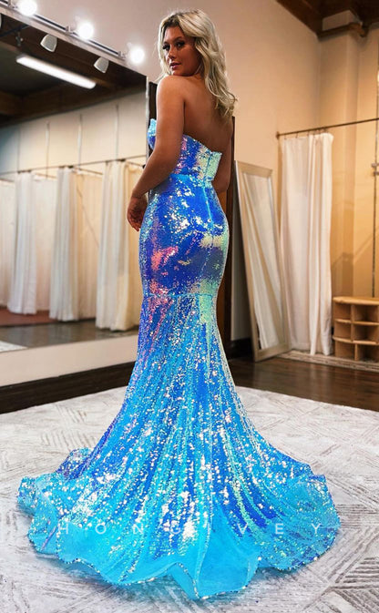 L1195 - Sparkly Fully Sequined Strapless With Train And Slit Party Prom Evening Formal Dress