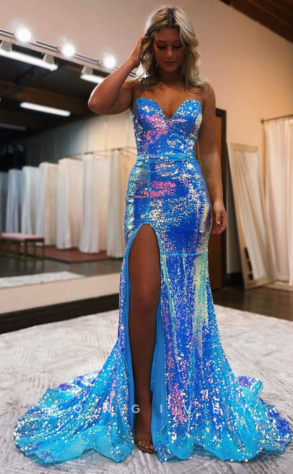 L1195 - Sparkly Fully Sequined Strapless With Train And Slit Party Prom Evening Formal Dress