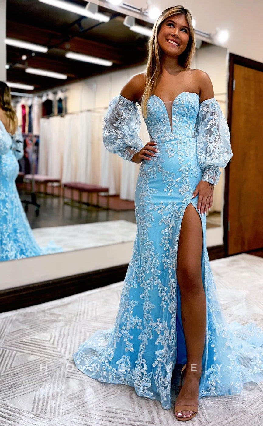 L1196 - Fully Lace Embroidered Plunging Illusion Puff Sleeves With Train And Slit Party Prom Evening Formal Dress