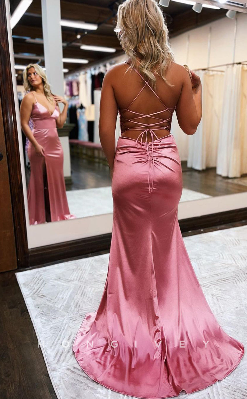 L1197 - Simple Lace-Up Back With Train And Slit Party Prom Evening Formal Dress