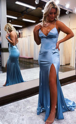 L1197 - Simple Lace-Up Back With Train And Slit Party Prom Evening Formal Dress