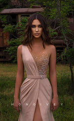 L1202 - Illusion Crystal Beaded With Train And Slit Evening Formal Party Prom Dress