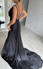 L1205 - Crystal Beaded Ruched With Train And Slit Evening Formal Party Prom Dress