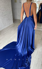 L1205 - Crystal Beaded Ruched With Train And Slit Evening Formal Party Prom Dress