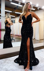 L1207 - Fully Sequined Plunging Illusion Lace-Up Back With Train And Slit Formal Party Prom Evening Dress