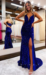 L1207 - Fully Sequined Plunging Illusion Lace-Up Back With Train And Slit Formal Party Prom Evening Dress