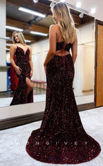 L1207 - Fully Sequined Plunging Illusion Lace-Up Back With Train And Slit Formal Party Prom Evening Dress