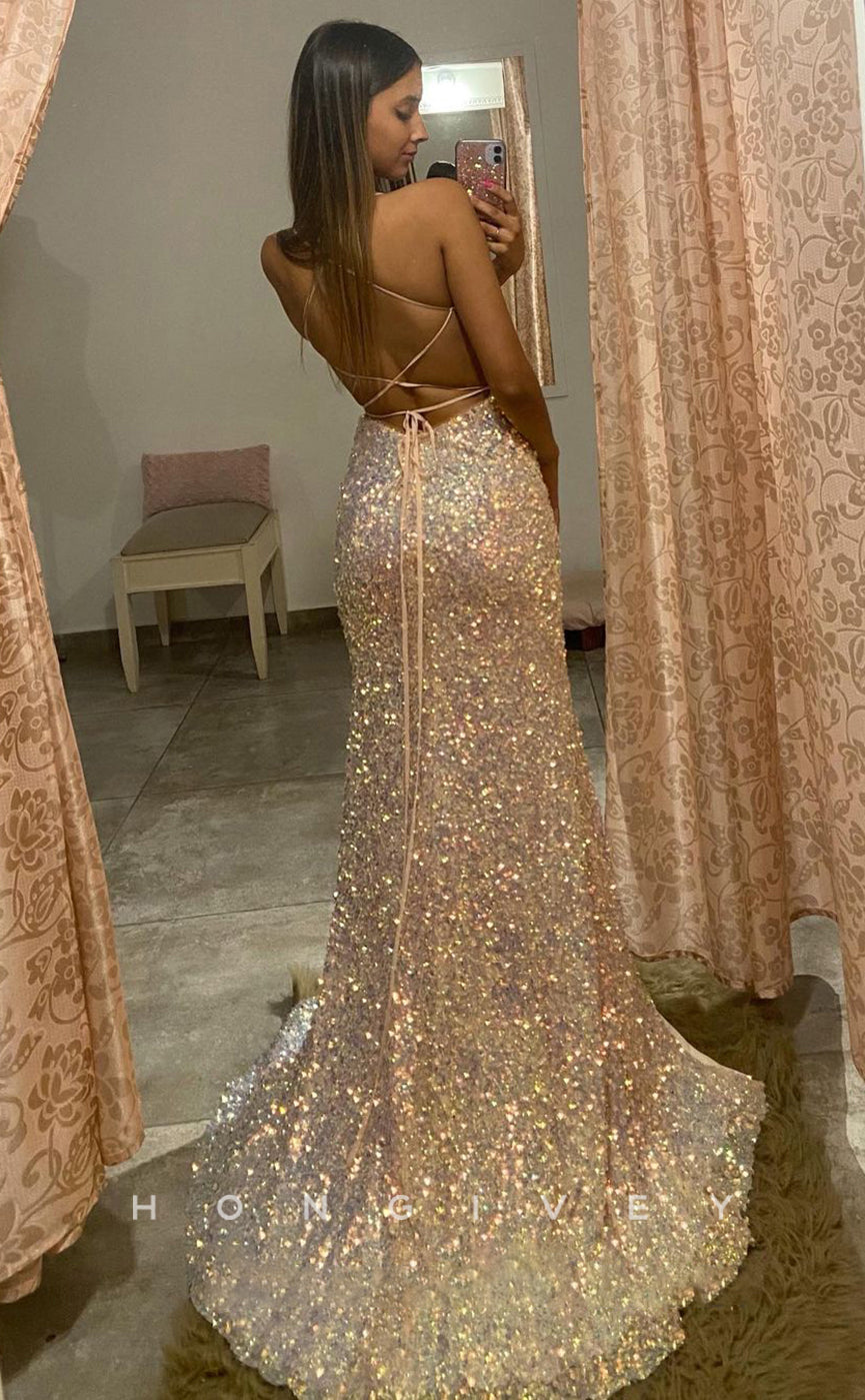 L1213 - Fully Sequined Plunging Illusion Lace-Up Back With Train And Slit Party Prom Formal Evening Dress
