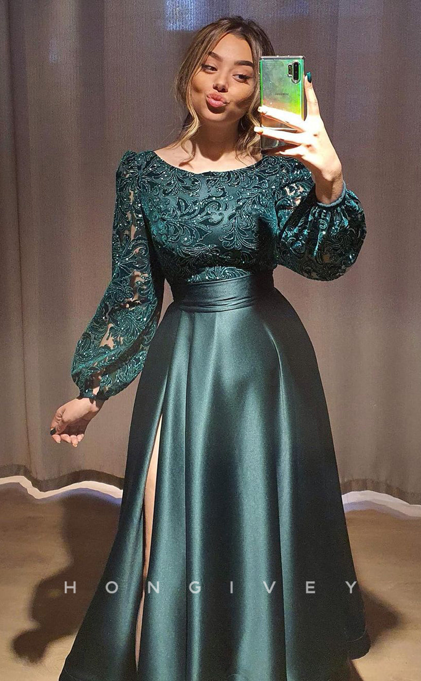 L1214 - Lace Embroidered Cutout With Slit Prom Formal Evening Party Dress