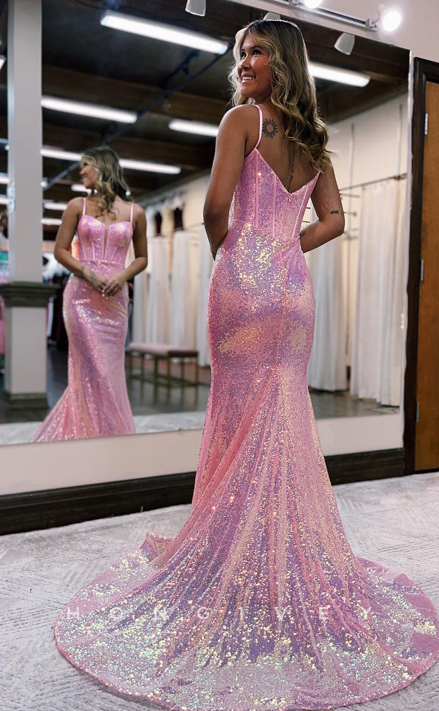 L1219 - Sparkly Fully Sequined Plunging Illusion With Train Prom Party Formal Evening Dress