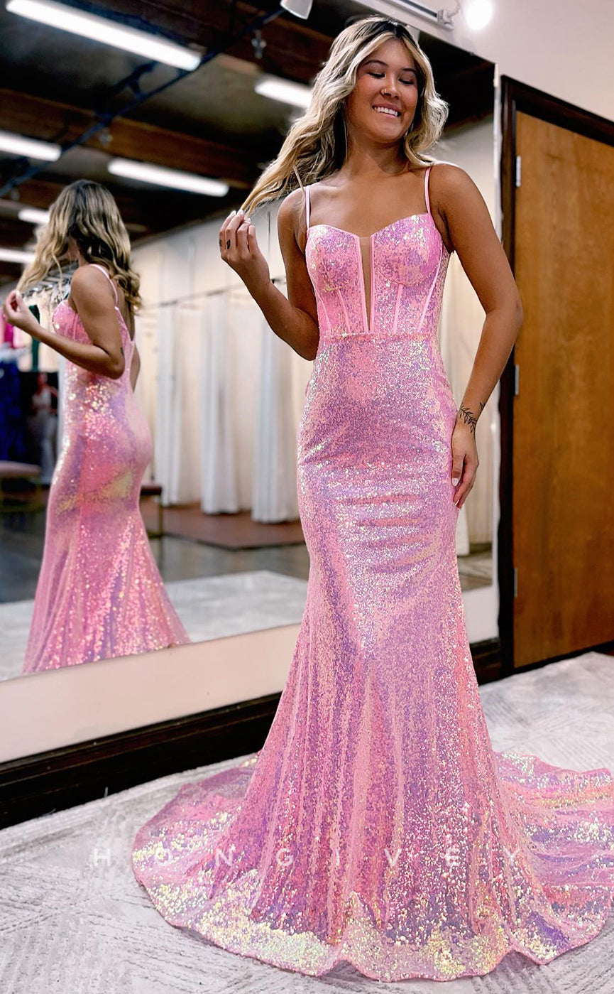 L1219 - Sparkly Fully Sequined Plunging Illusion With Train Prom Party Formal Evening Dress