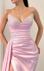 L1221 - Sequined Embellished Strapless With Train And Slit Party Formal Evening Prom Dress