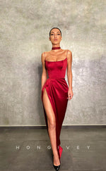 L1223 - Simple Ruched With Train And Slit Formal Evening Prom Party Dress