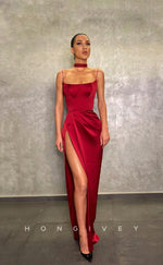 L1223 - Simple Ruched With Train And Slit Formal Evening Prom Party Dress