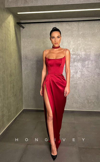 L1223 - Simple Ruched With Train And Slit Formal Evening Prom Party Dress