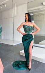 L1226 - Sequined Embellished Strapless With Train And Slit Prom Party Formal Evening Dress