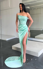 L1226 - Sequined Embellished Strapless With Train And Slit Prom Party Formal Evening Dress