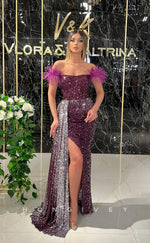 L1230 - Fully Sequined Feathered With Train And Slit Formal Evening Prom Party Dress