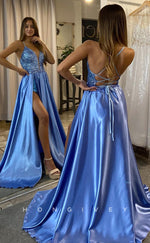 L1232 - Sequined Plunging Illusion Two Piece Overskirt With Train And Slit Formal Evening Prom Party Dress