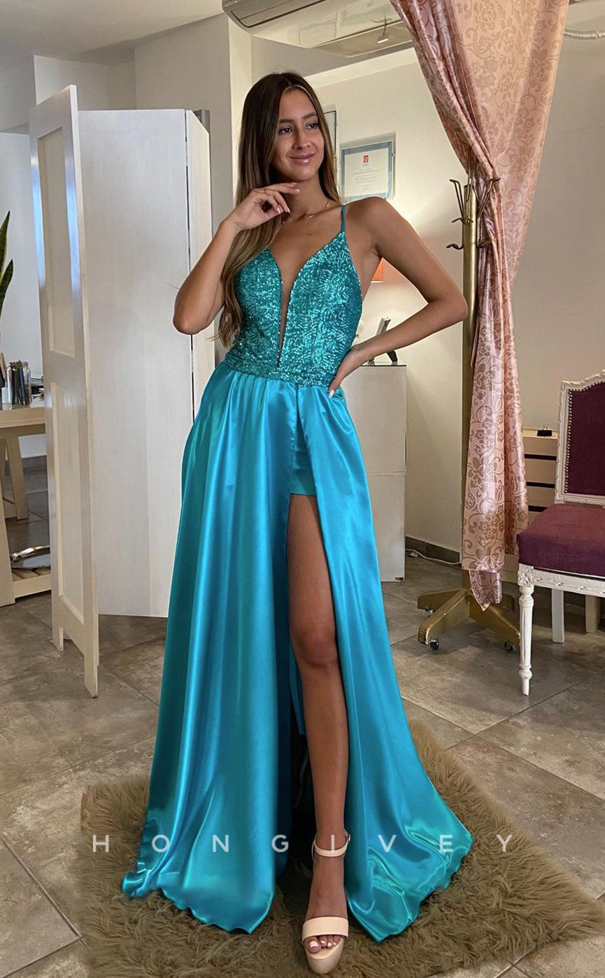 L1232 - Sequined Plunging Illusion Two Piece Overskirt With Train And Slit Formal Evening Prom Party Dress