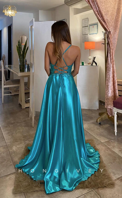 L1232 - Sequined Plunging Illusion Two Piece Overskirt With Train And Slit Formal Evening Prom Party Dress