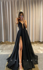 L1233 - Sequined Plunging Illusion Two Piece Overskirt With Train And Slit Formal Evening Prom Party Dress