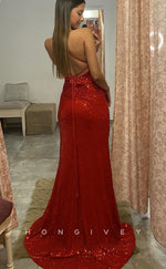 L1234 - Fully Sequined Lace-Up Back With Train And Slit Evening Prom Party Formal Dress