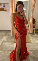 L1234 - Fully Sequined Lace-Up Back With Train And Slit Evening Prom Party Formal Dress